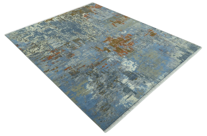 Modern Abstract Design Beige And Blue 8x10 Hand Knotted Wool, Art Silk Rug - The Rug Decor