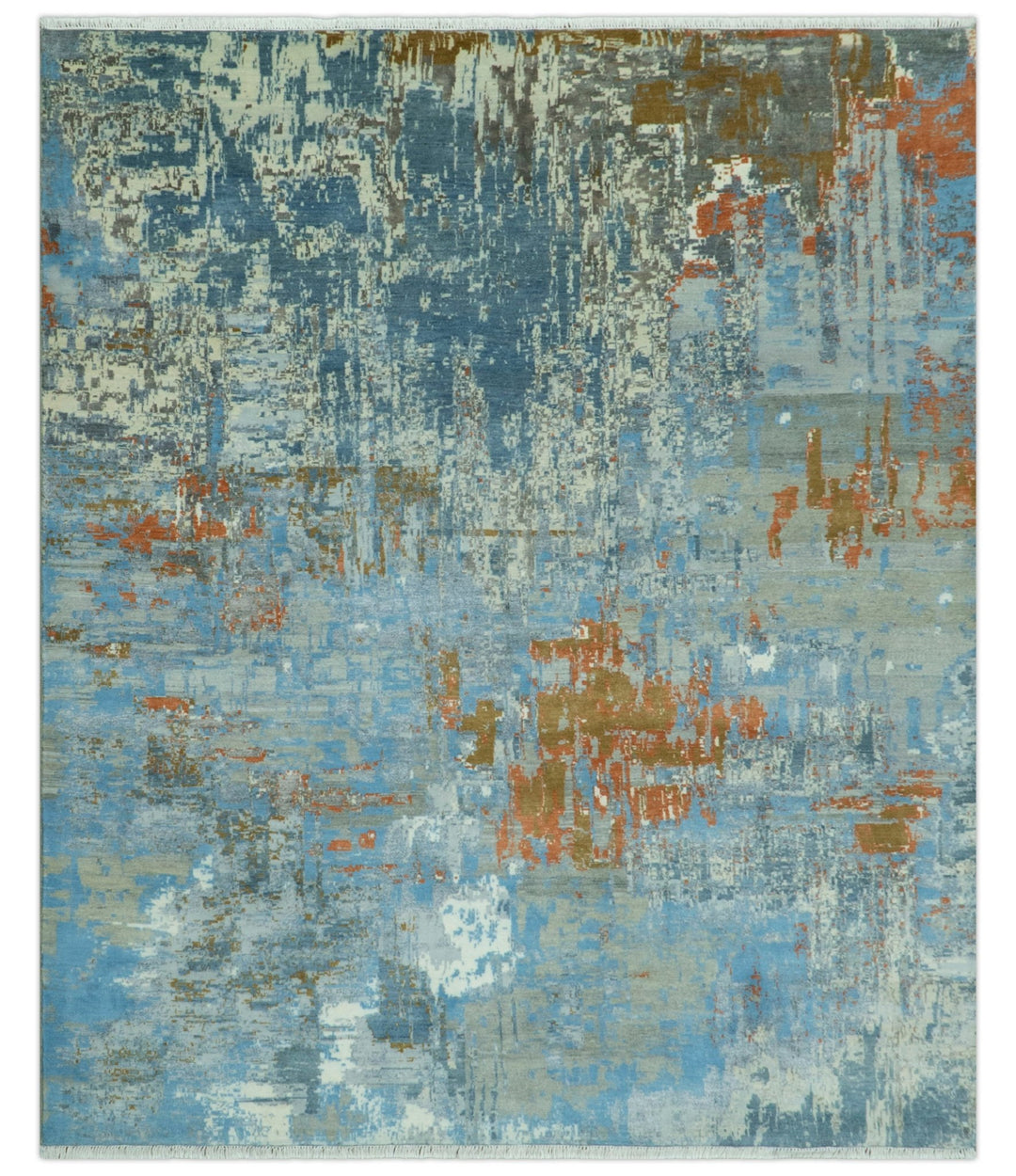 Modern Abstract Design Beige And Blue 8x10 Hand Knotted Wool, Art Silk Rug - The Rug Decor