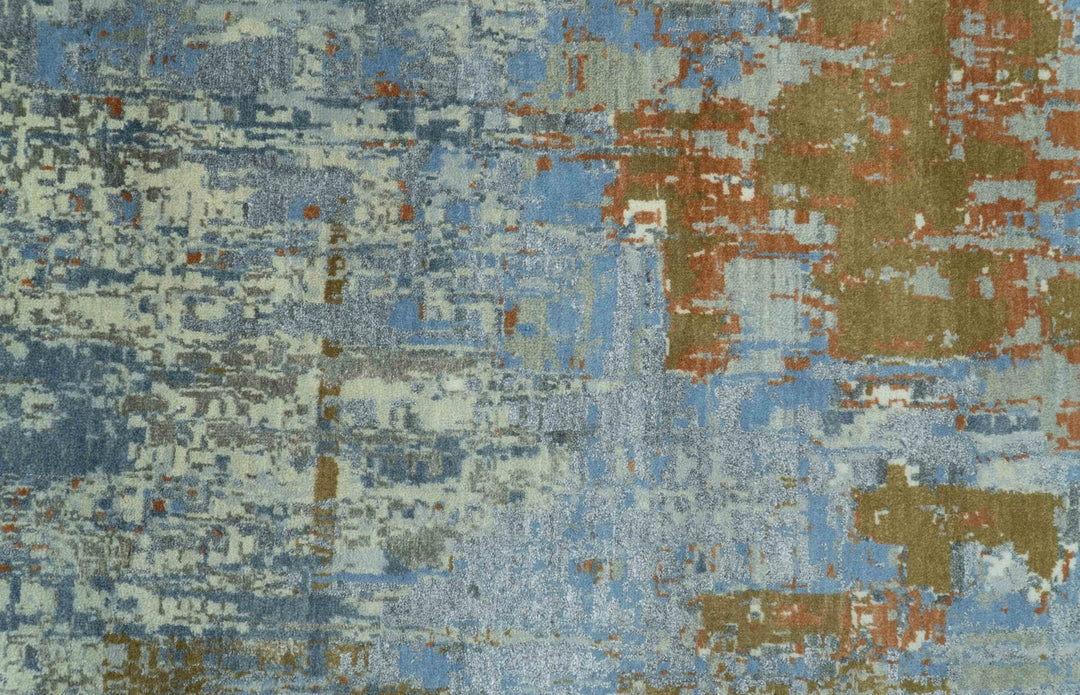 Modern Abstract Design Beige And Blue 8x10 Hand Knotted Wool, Art Silk Rug - The Rug Decor