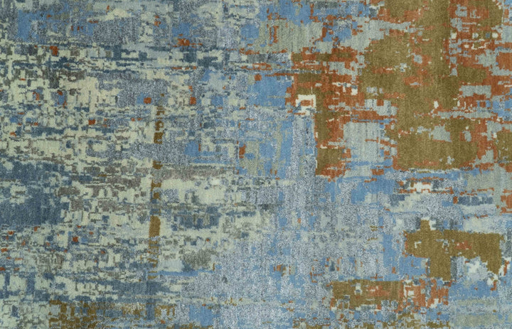 Modern Abstract Design Beige And Blue 8x10 Hand Knotted Wool, Art Silk Rug - The Rug Decor