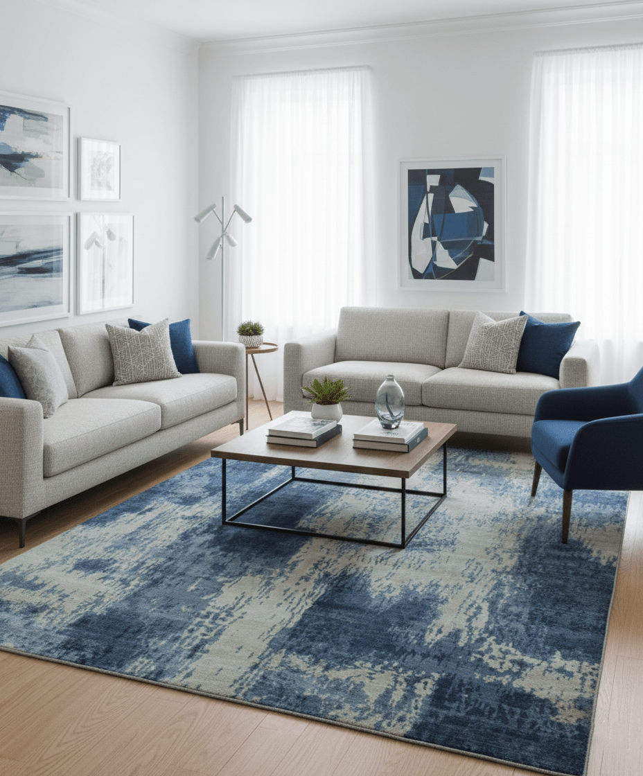 Modern Abstract Design Beige And Blue 9x12 Hand Knotted Bamboo Silk Area Rug - The Rug Decor