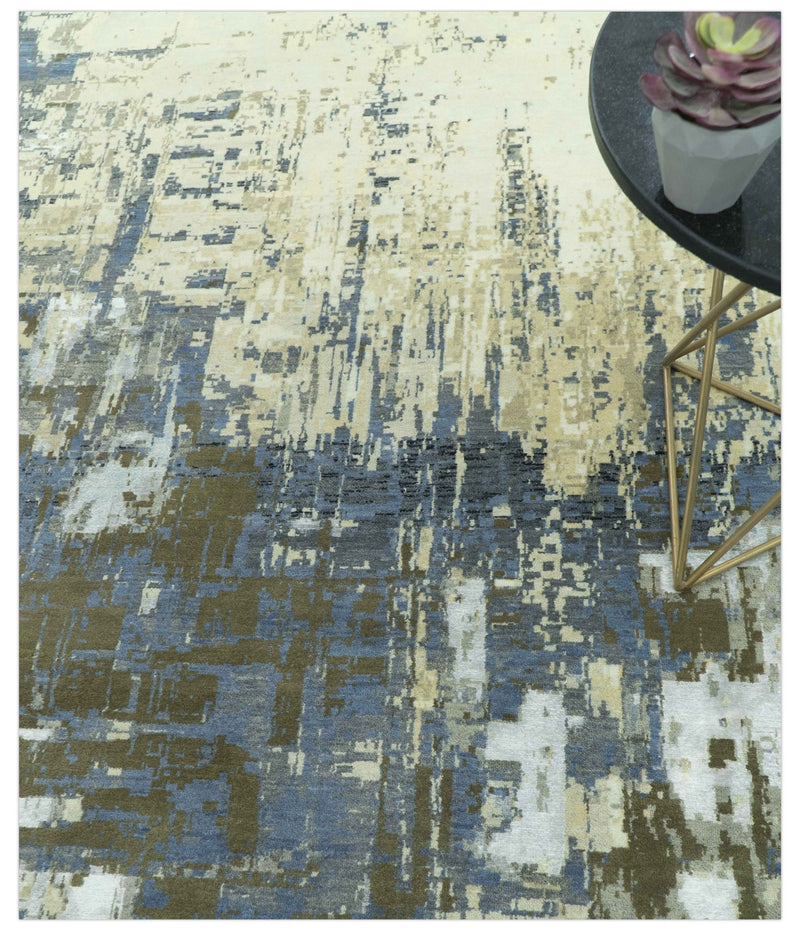 Modern Abstract Design Beige And Blue 9x12 Hand Knotted Wool Area Rug - The Rug Decor