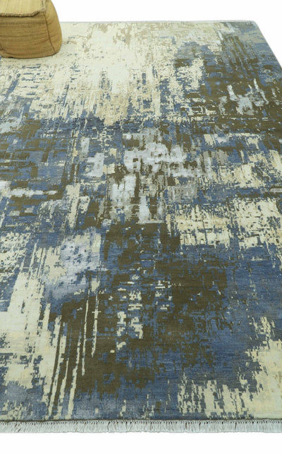 Modern Abstract Design Beige And Blue 9x12 Hand Knotted Wool Area Rug - The Rug Decor