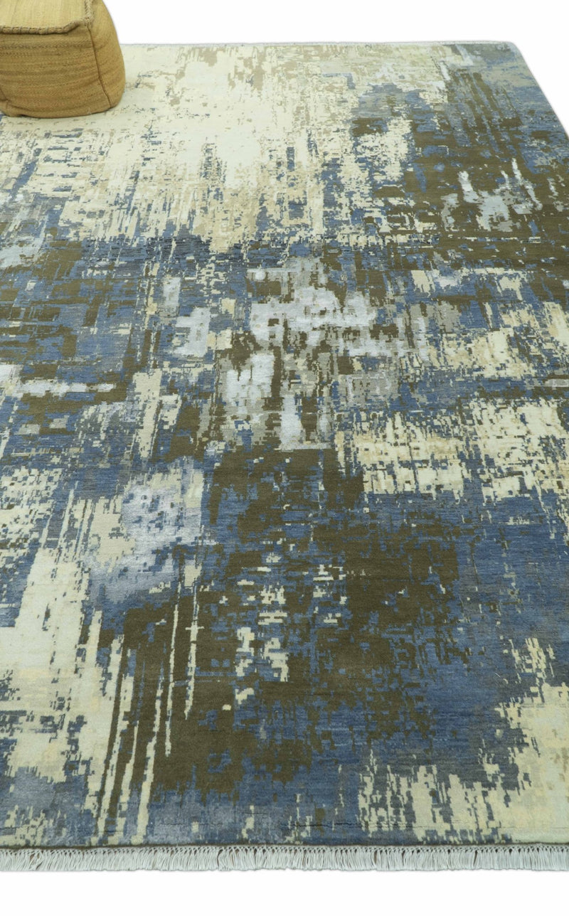 Modern Abstract Design Beige And Blue 9x12 Hand Knotted Wool Area Rug - The Rug Decor