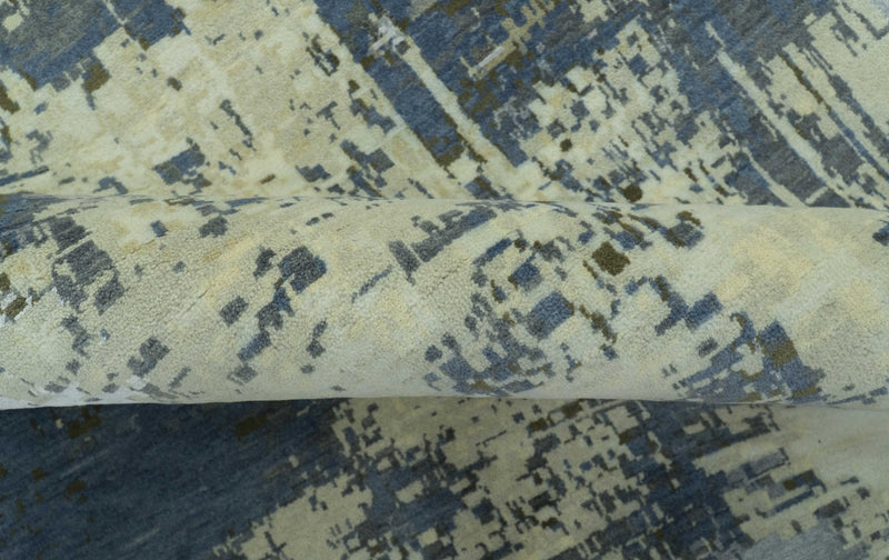 Modern Abstract Design Beige And Blue 9x12 Hand Knotted Wool Area Rug - The Rug Decor