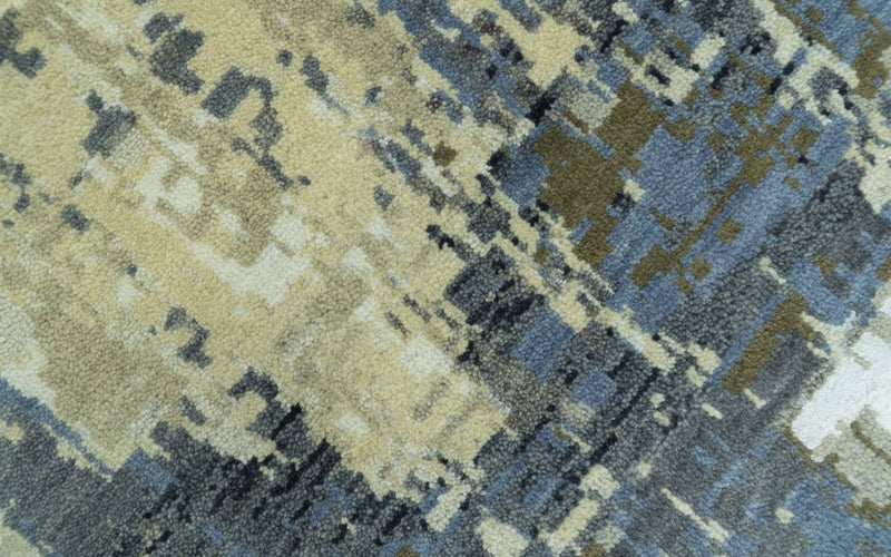 Modern Abstract Design Beige And Blue 9x12 Hand Knotted Wool Area Rug - The Rug Decor