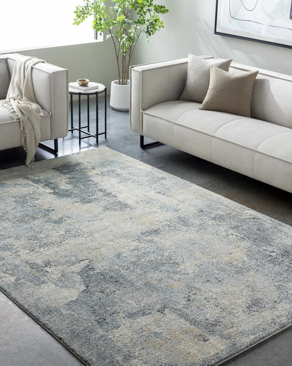 Modern Abstract Design Beige And Blue Machine Woven Rug - The Rug Decor