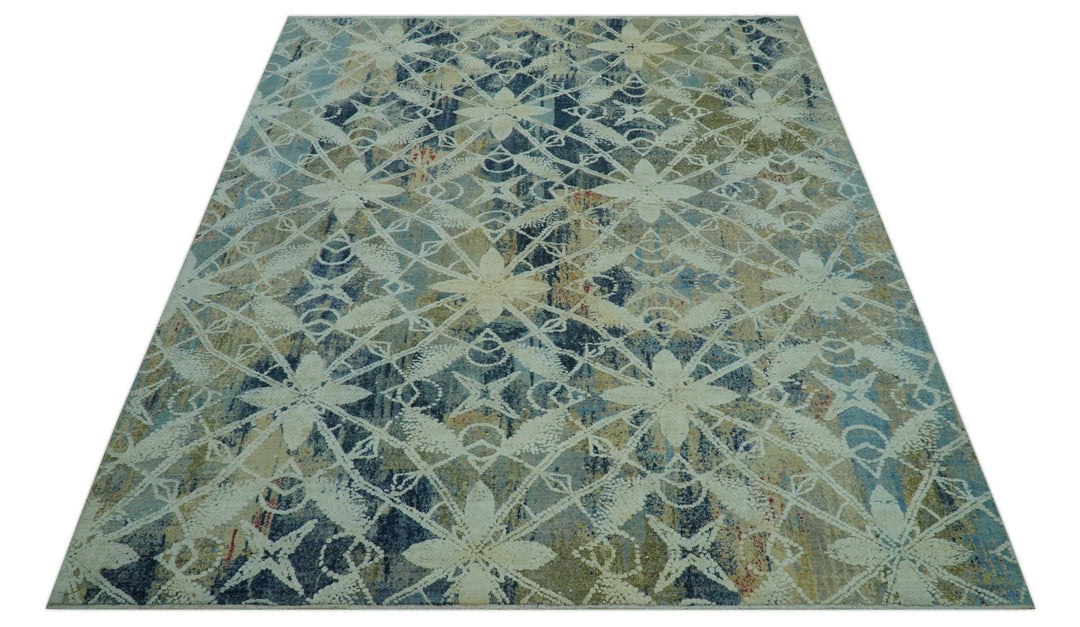 Modern Abstract Design Blue And Beige Hand Knotted 8x10 Wool And Real Silk Area Rug - The Rug Decor