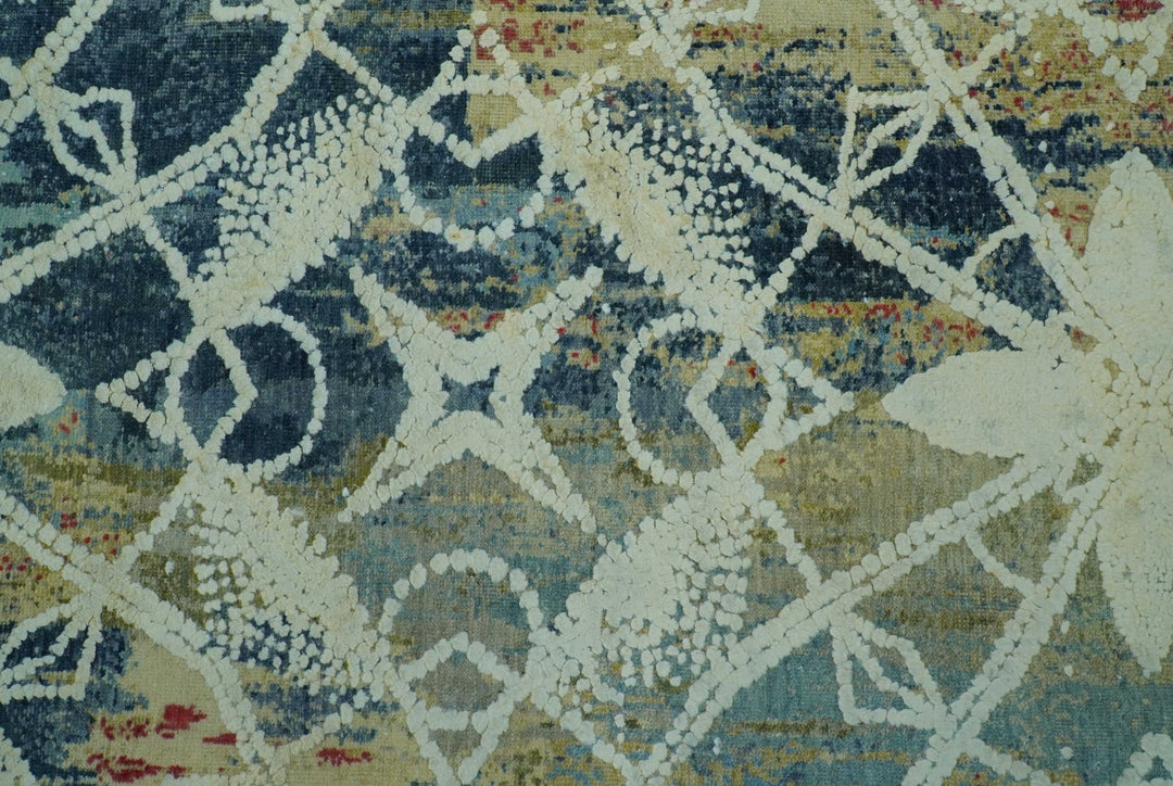 Modern Abstract Design Blue And Beige Hand Knotted 8x10 Wool And Real Silk Area Rug - The Rug Decor