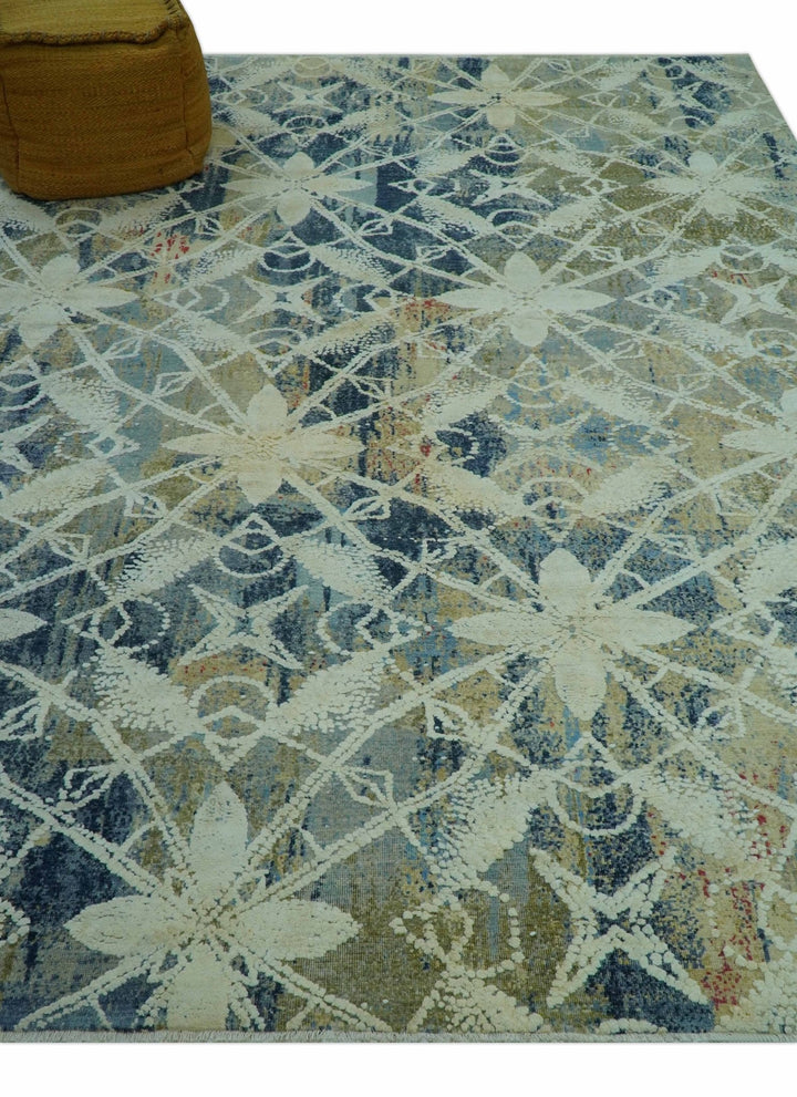 Modern Abstract Design Blue And Beige Hand Knotted 8x10 Wool And Real Silk Area Rug - The Rug Decor