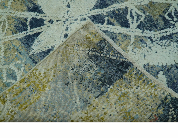 Modern Abstract Design Blue And Beige Hand Knotted 8x10 Wool And Real Silk Area Rug - The Rug Decor