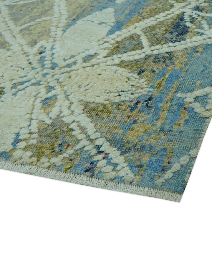 Modern Abstract Design Blue And Beige Hand Knotted 8x10 Wool And Real Silk Area Rug - The Rug Decor