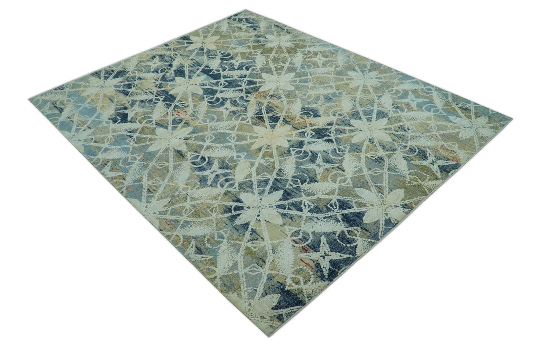 Modern Abstract Design Blue And Beige Hand Knotted 8x10 Wool And Real Silk Area Rug - The Rug Decor