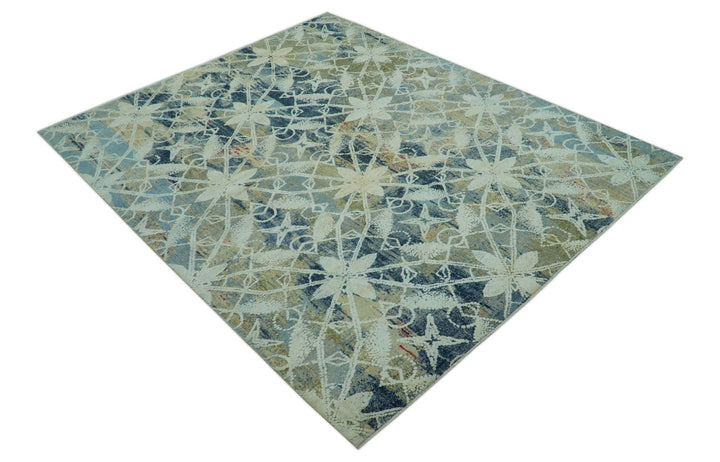 Modern Abstract Design Blue And Beige Hand Knotted 8x10 Wool And Real Silk Area Rug - The Rug Decor