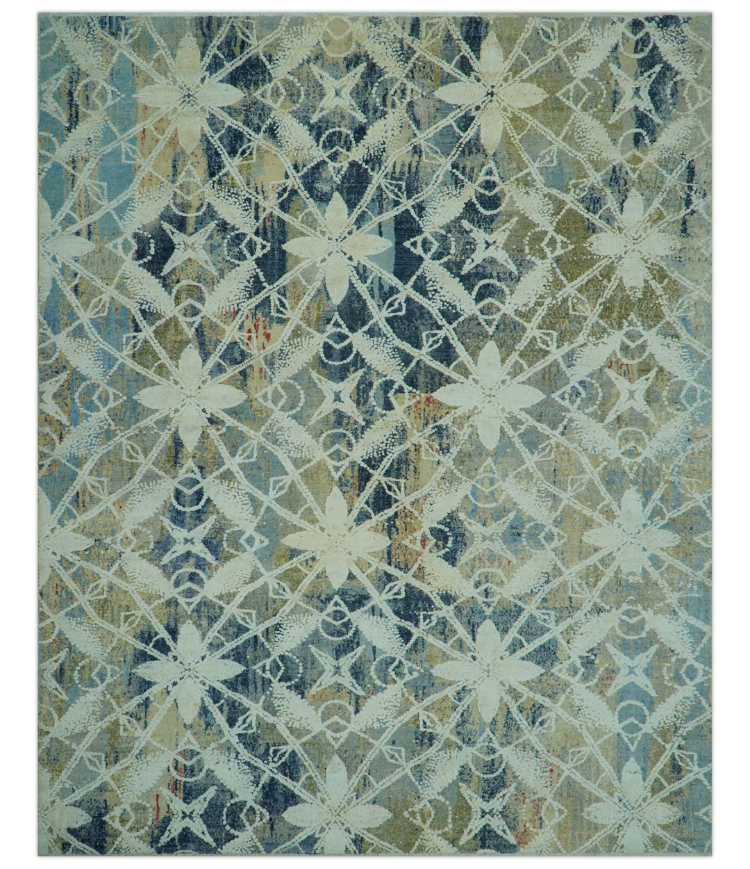Modern Abstract Design Blue And Beige Hand Knotted 8x10 Wool And Real Silk Area Rug - The Rug Decor