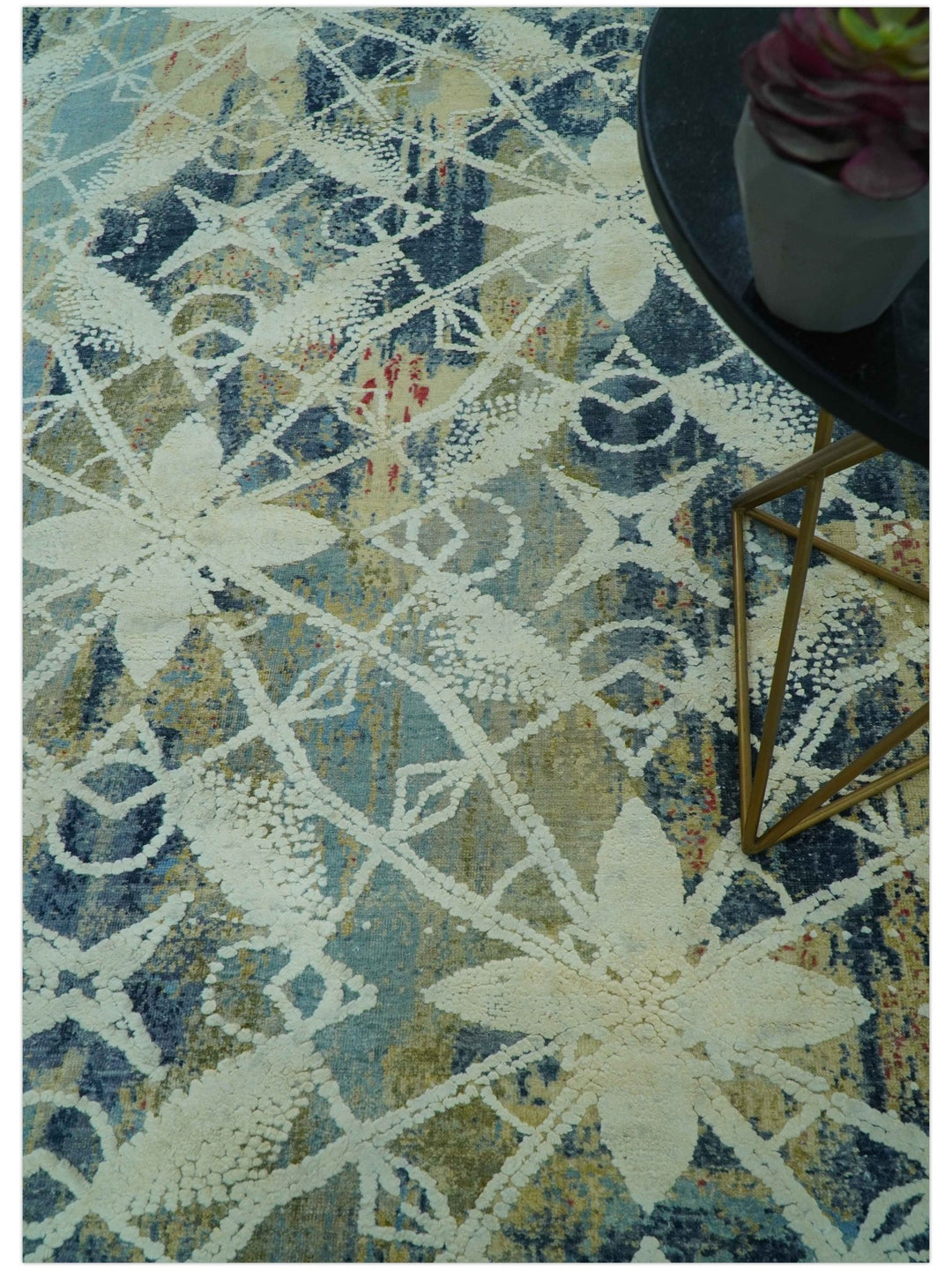 Modern Abstract Design Blue And Beige Hand Knotted 8x10 Wool And Real Silk Area Rug - The Rug Decor