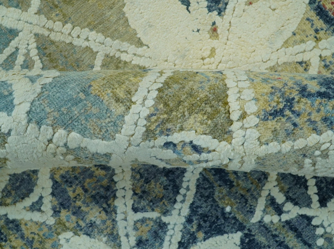 Modern Abstract Design Blue And Beige Hand Knotted 8x10 Wool And Real Silk Area Rug - The Rug Decor