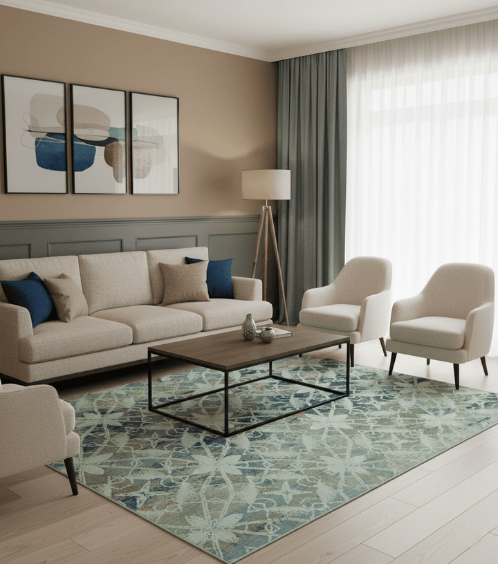 Modern Abstract Design Blue And Beige Hand Knotted 8x10 Wool And Real Silk Area Rug - The Rug Decor