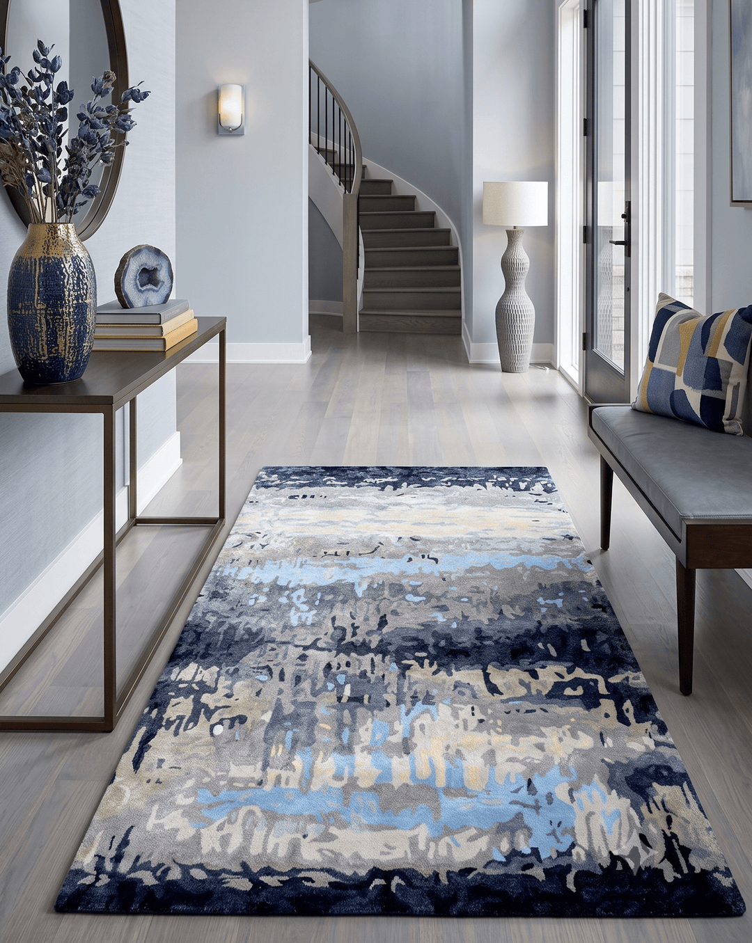 Modern Abstract Design Blue and Gray Hand Tufted Wool Area Rug - The Rug Decor
