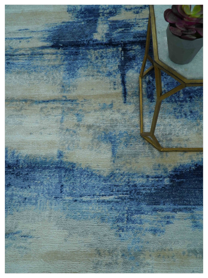 Modern Abstract Design Blue And Ivory Hand Knotted 6x9 Bamboo Silk Area Rug - The Rug Decor