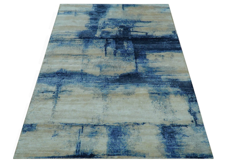 Modern Abstract Design Blue And Ivory Hand Knotted 6x9 Bamboo Silk Area Rug - The Rug Decor