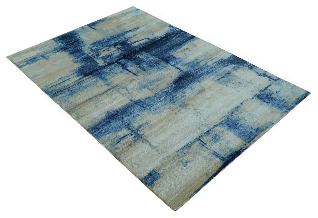 Modern Abstract Design Blue And Ivory Hand Knotted 6x9 Bamboo Silk Area Rug - The Rug Decor