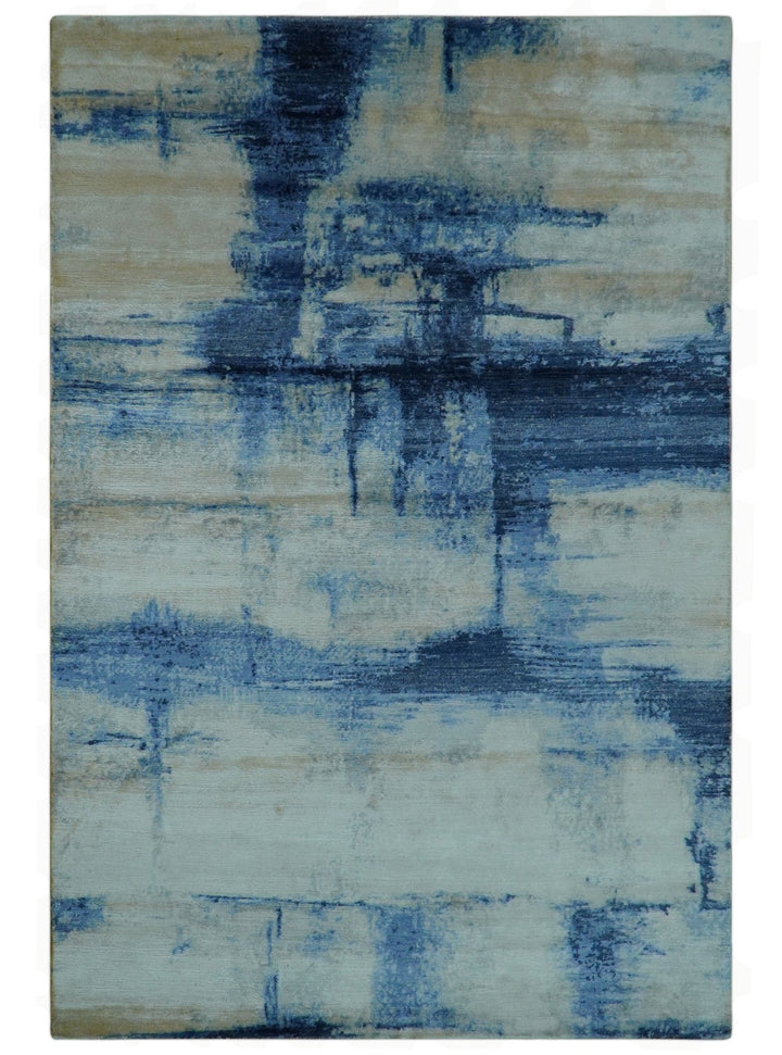Modern Abstract Design Blue And Ivory Hand Knotted 6x9 Bamboo Silk Area Rug - The Rug Decor