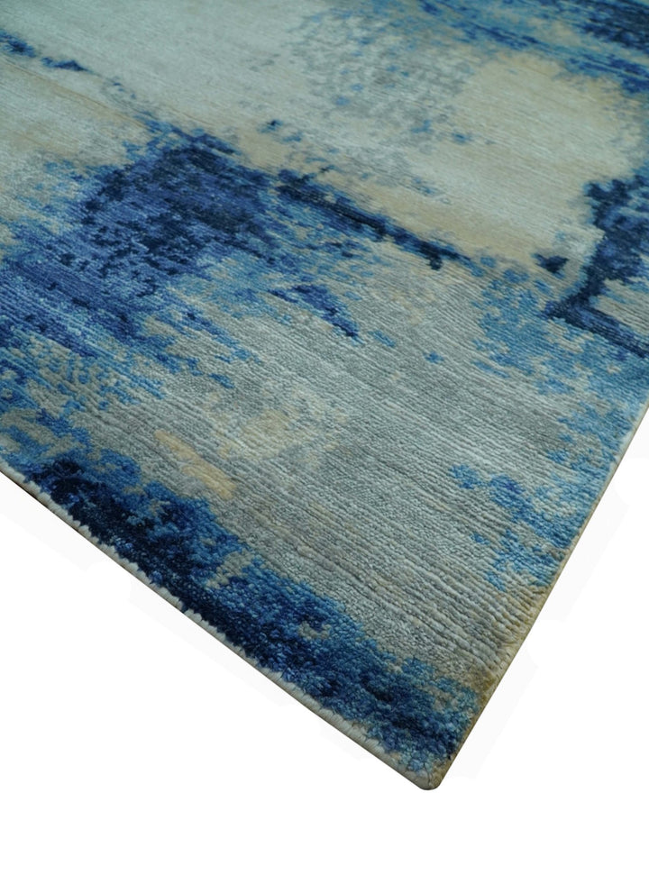 Modern Abstract Design Blue And Ivory Hand Knotted 6x9 Bamboo Silk Area Rug - The Rug Decor