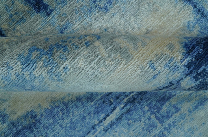 Modern Abstract Design Blue And Ivory Hand Knotted 6x9 Bamboo Silk Area Rug - The Rug Decor