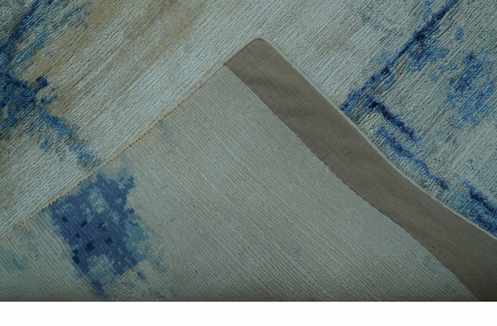 Modern Abstract Design Blue And Ivory Hand Knotted 6x9 Bamboo Silk Area Rug - The Rug Decor