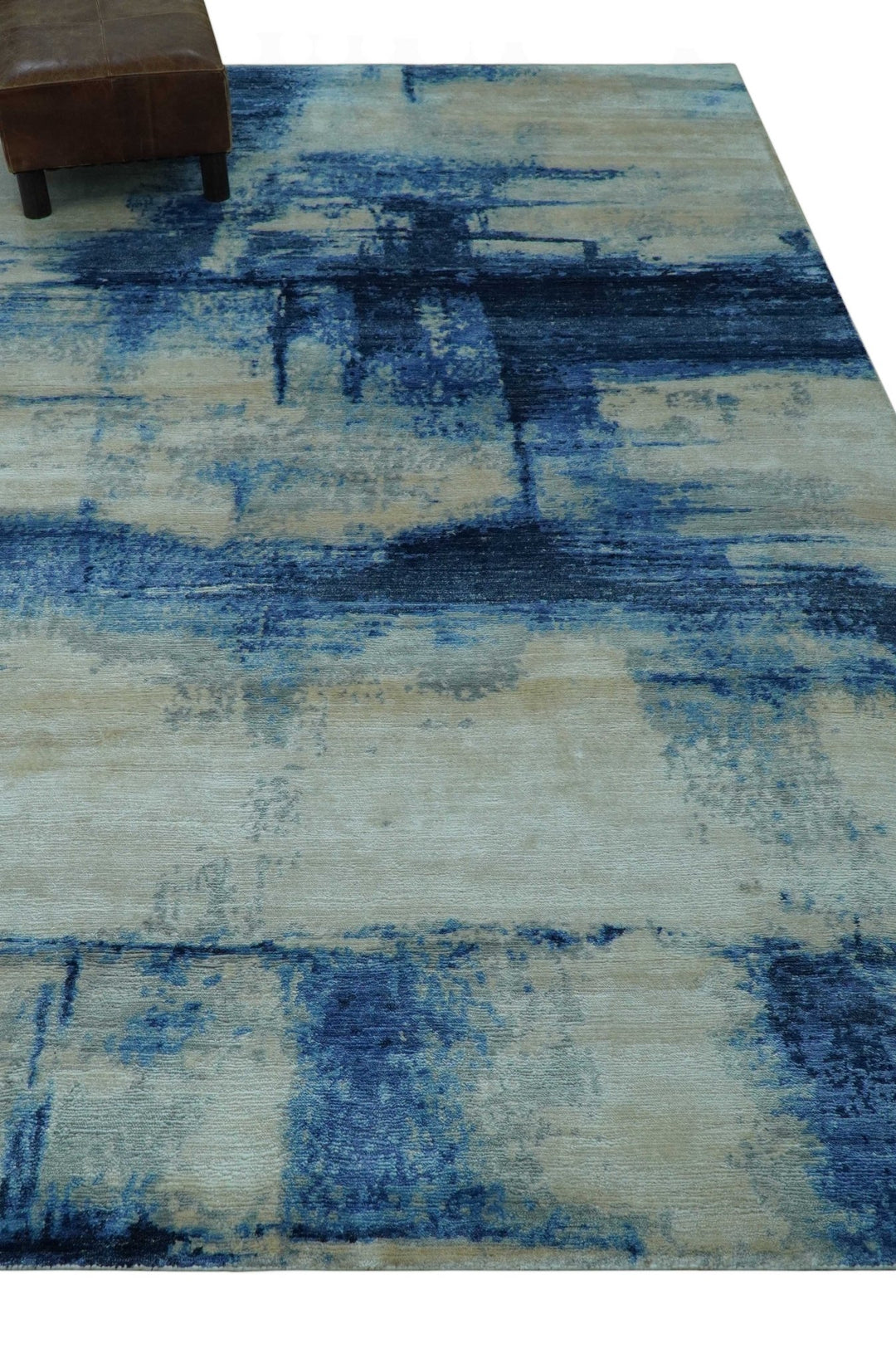 Modern Abstract Design Blue And Ivory Hand Knotted 6x9 Bamboo Silk Area Rug - The Rug Decor