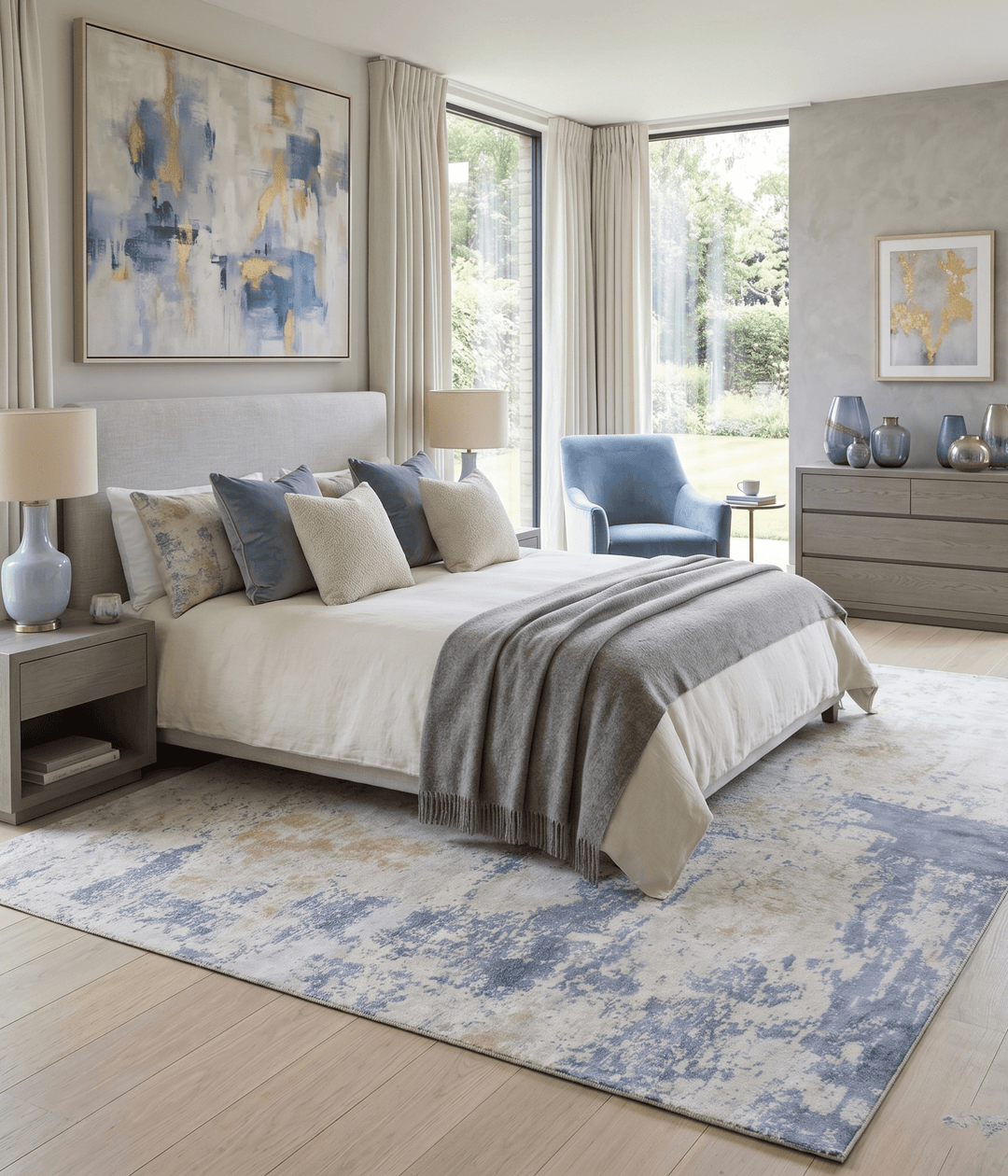 Modern Abstract Design Blue and Ivory Hand Loomed Art Silk Area Rug - The Rug Decor
