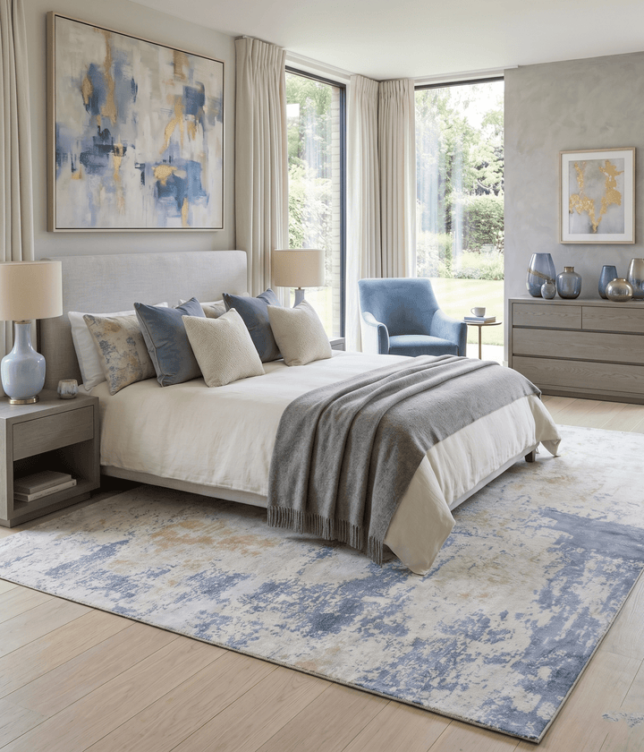 Modern Abstract Design Blue and Ivory Hand Loomed Art Silk Area Rug - The Rug Decor
