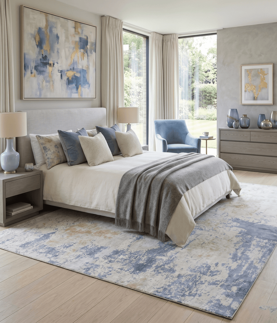 Modern Abstract Design Blue and Ivory Hand Loomed Art Silk Area Rug - The Rug Decor