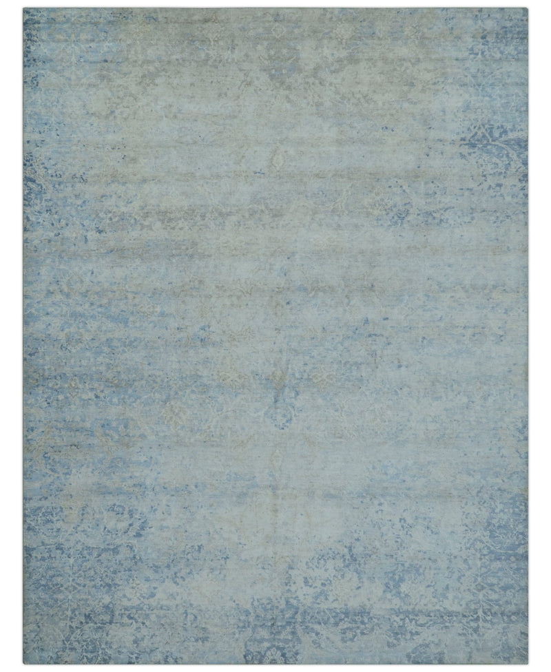 Modern Abstract Design Gray And Blue 10x13 Hand Knotted Bamboo Silk Area Rug - The Rug Decor