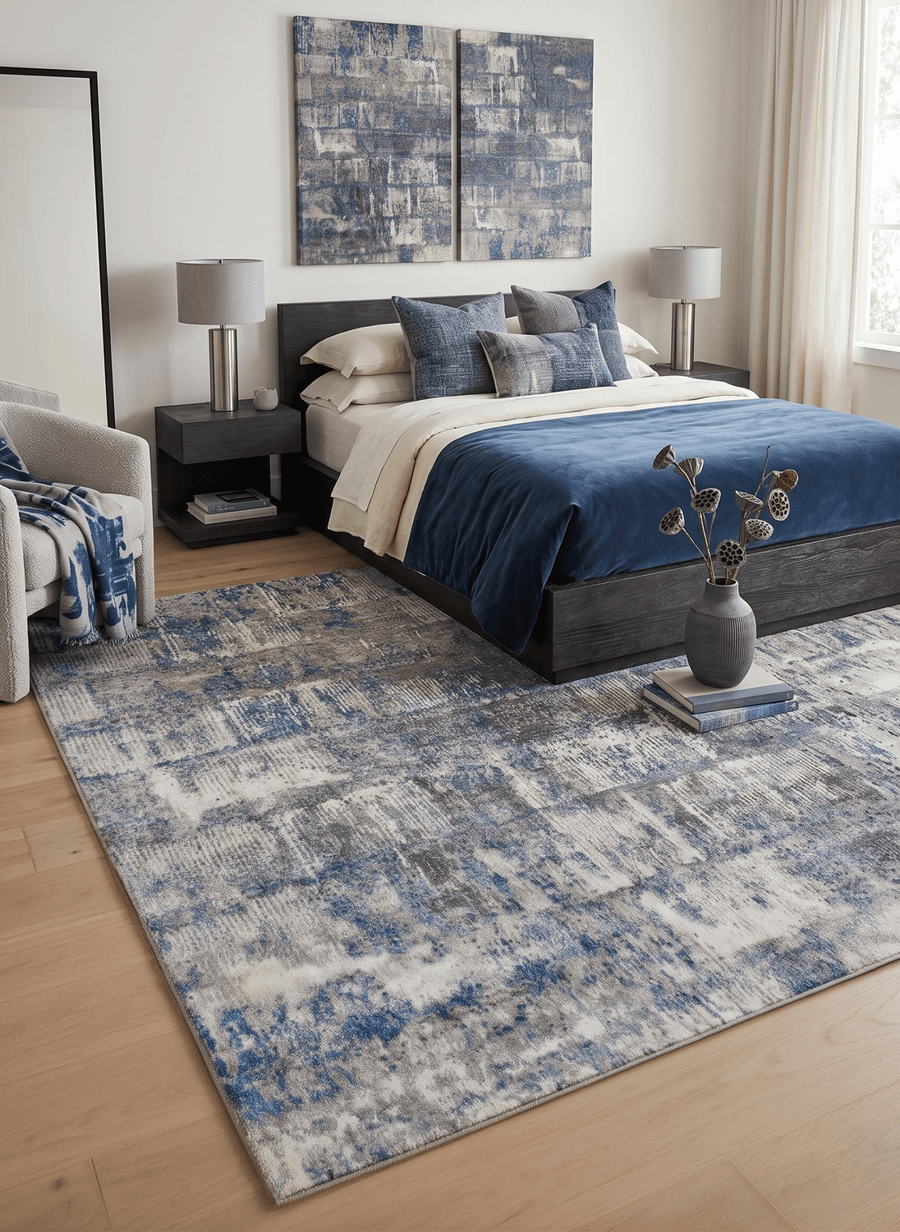 Modern Abstract Gray and Blue Bamboo Silk Hand Knotted 8x10 Area Rug - The Rug Decor