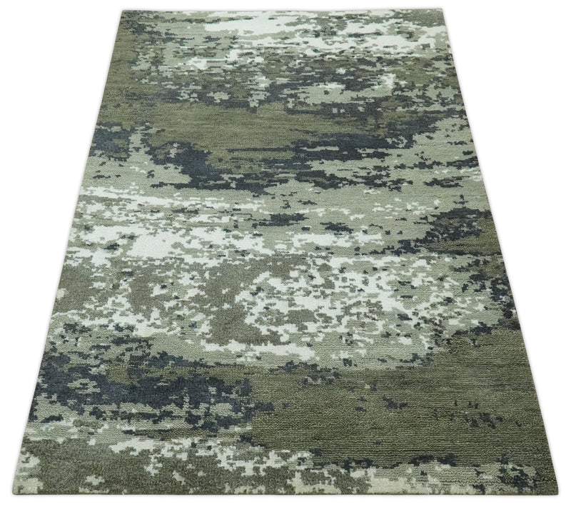 Modern abstract Green, Charcoal, Ivory and silver Hand Knotted 5x8 wool Area Rug - The Rug Decor