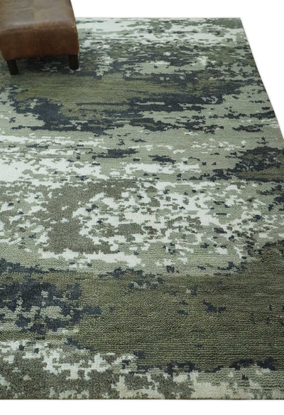 Modern abstract Green, Charcoal, Ivory and silver Hand Knotted 5x8 wool Area Rug - The Rug Decor