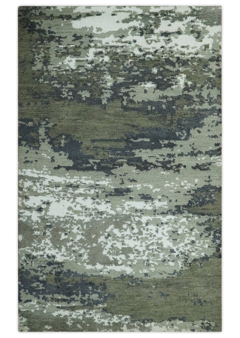 Modern abstract Green, Charcoal, Ivory and silver Hand Knotted 5x8 wool Area Rug - The Rug Decor