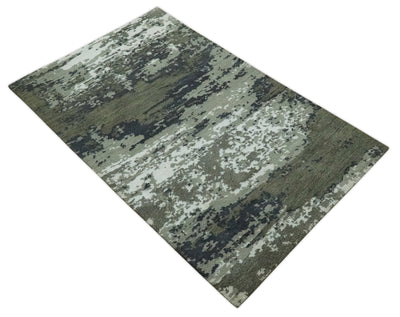 Modern abstract Green, Charcoal, Ivory and silver Hand Knotted 5x8 wool Area Rug - The Rug Decor