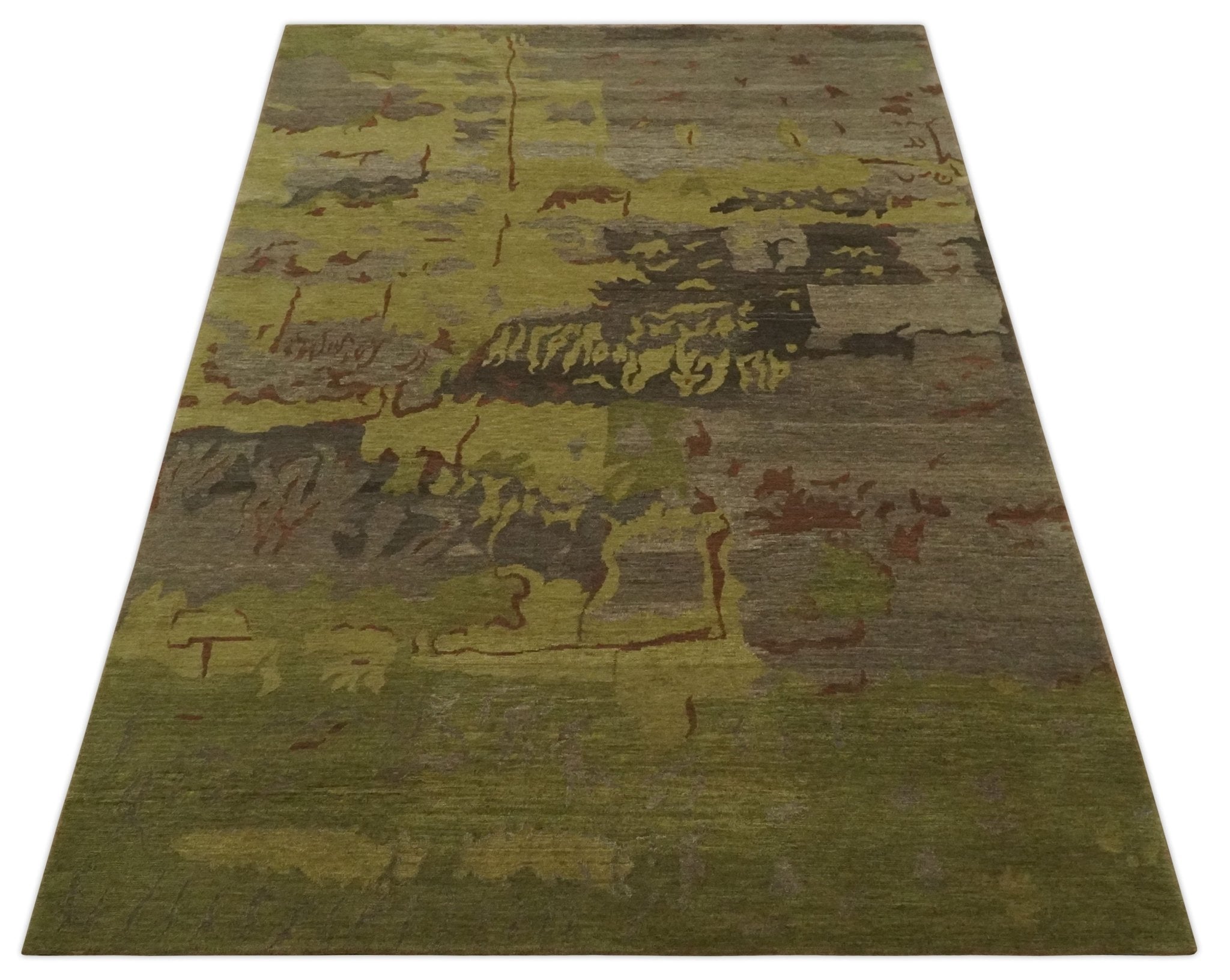 Modern Abstract Green, Olive, Charcoal and Brown wool Area Rug