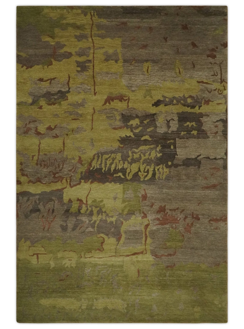 Modern Abstract Green, Olive, Charcoal and Brown Hand knotted 6x9 wool Area Rug - The Rug Decor