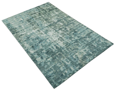 Modern Abstract Hand carved Texture Teal, Ivory and Blue Hand Knotted 5x8 wool Rug - The Rug Decor