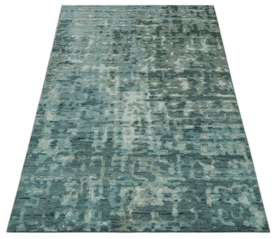 Modern Abstract Hand carved Texture Teal, Ivory and Blue Hand Knotted 5x8 wool Rug - The Rug Decor