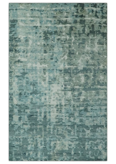 Modern Abstract Hand carved Texture Teal, Ivory and Blue Hand Knotted 5x8 wool Rug - The Rug Decor