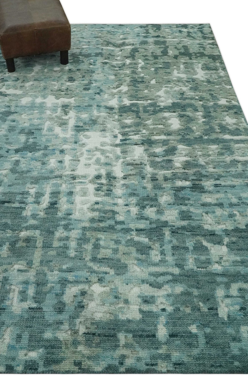 Modern Abstract Hand carved Texture Teal, Ivory and Blue Hand Knotted 5x8 wool Rug - The Rug Decor