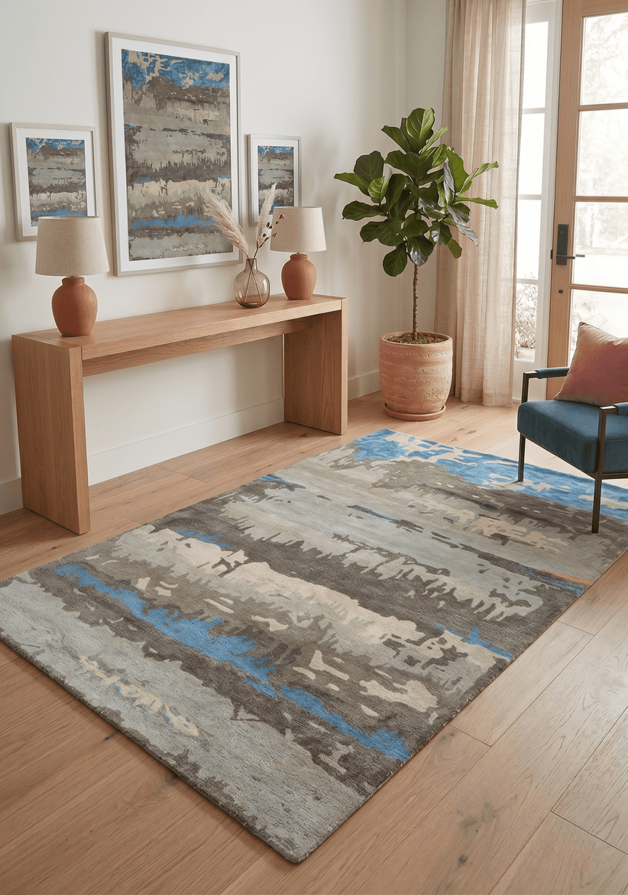 Modern Abstract Hand Tufted brown and Blue fine Wool art silk 5x8 Area Rug - The Rug Decor