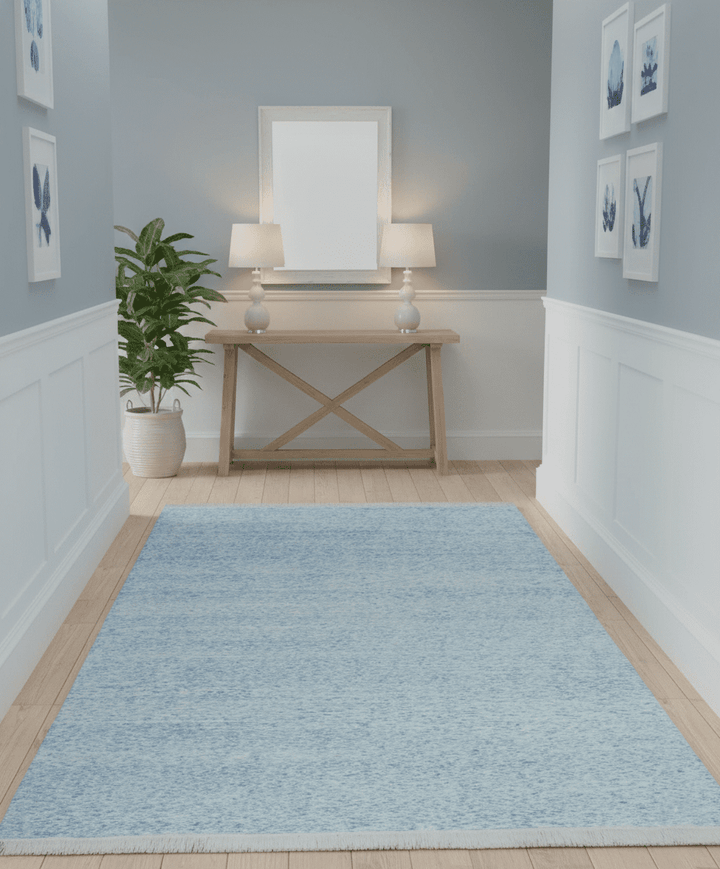 Modern Abstract Ivory and Blue 5.6x8 Hand Knotted Bamboo Silk Area Rug - The Rug Decor