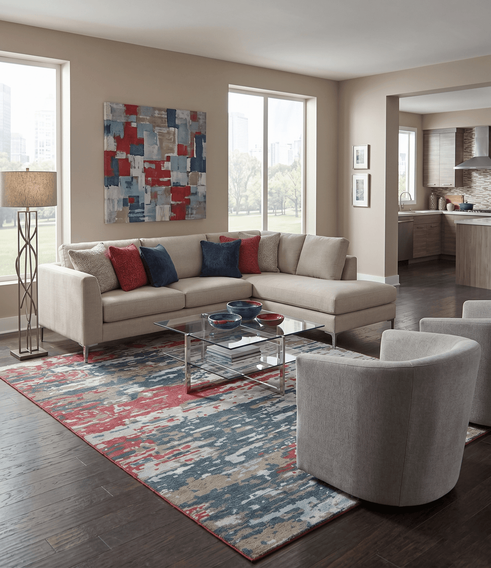 Modern Abstract Ivory and Blue 8x10 Hand Knotted Low Pile Wool Rug - The Rug Decor