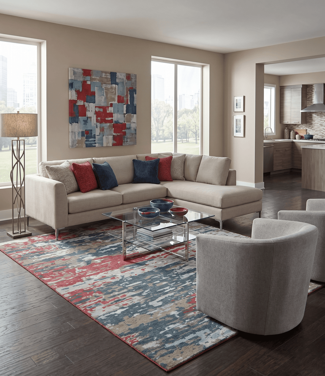 Modern Abstract Ivory and Blue 8x10 Hand Knotted Low Pile Wool Rug - The Rug Decor